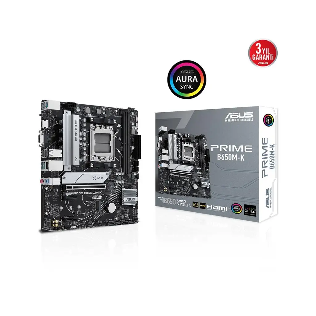 ASUS PRIME B650M-K AMD B650 AM5 DDR5 6400 DP VGA 2x M2 USB3.2 AURA RGB 2.5Gbit LAN mATX 96GB’a kadar ram desteği, ASUS 5X PROTECTION III