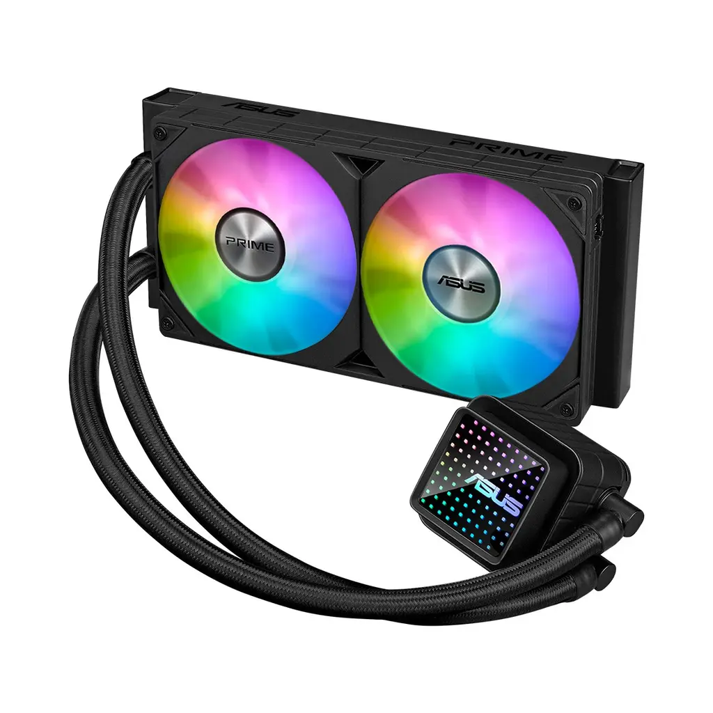 ASUS PRIME LC 240 ARGB SIVI SOĞUTUCU ÖZEL TASARLANMIŞ CPU TEMAS ALANI VE KANATÇIKLI KANALLARA SAHİP SONSUZ AYNA LENS SEÇENEKLERİ OLAN SU BLOĞU, ÖNCEDE