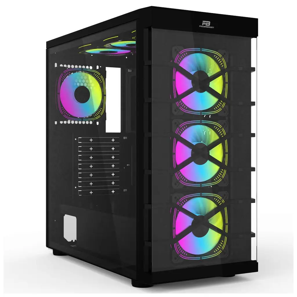 PowerBoost PB-GR222BB USB3.0 Full Siyah Tempered Glass 7xRGB Fanlı kasa (PSU Yok)